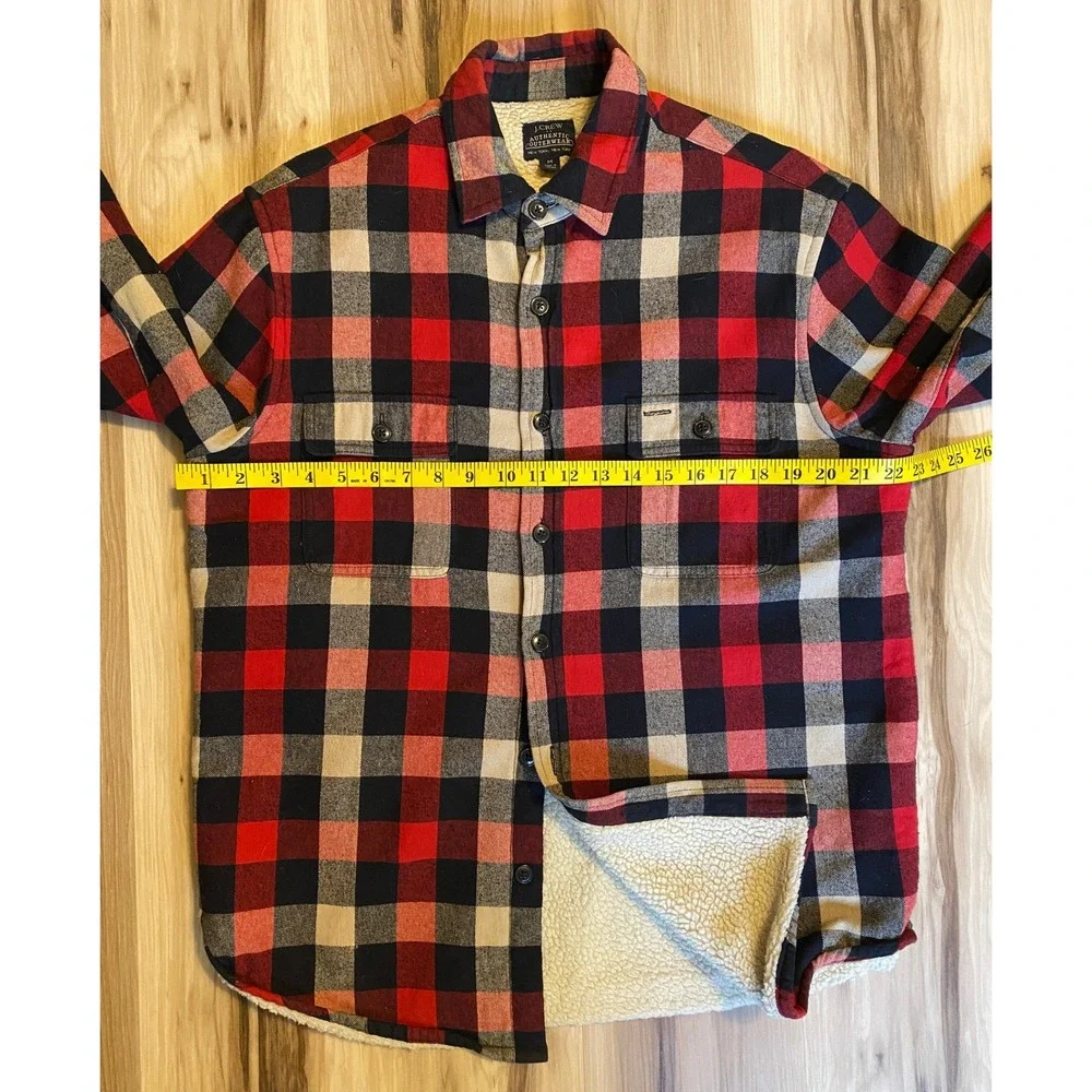 J.Crew Mens Buffalo Plaid Sherpa Lined Flannel Shirt Jacket Red Black Medium